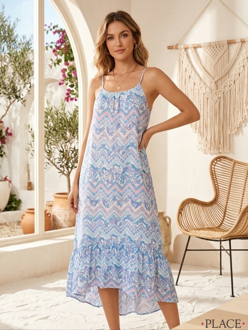 PLACE Adult Women's Babydoll Pastel Lightweight Summer Midi Sheath Dress